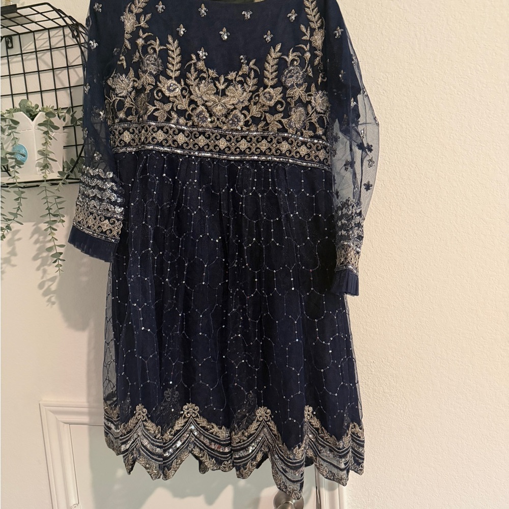 Navy Blue Embroidered Midi Dress for Women